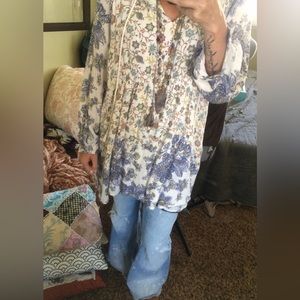 Free people white floral tunic dress small with built in slip